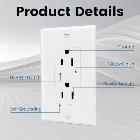 Close-up of Fifty Pack White Tamper Resistant Power Outlets With Matching Wall Plates Safe Shutters No Hassle Setup Pro Grade Components Built Tough showing safety features.