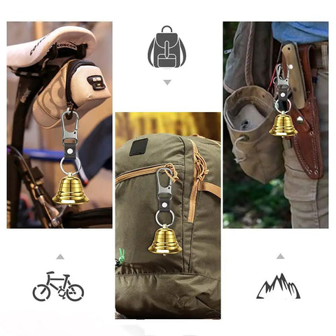 2 Pack Loud Bear Bell Set With Silencer And Emergency Whistle Carabiner attached to bike, backpack, and hiking gear