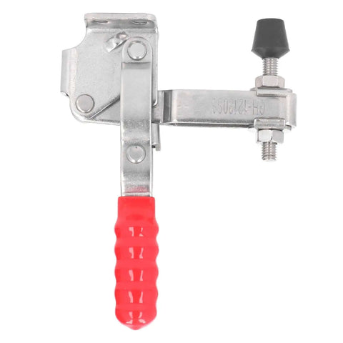 Vertical Toggle Clamp 304 Stainless Steel Beefy 500 Lb Holding Capacity GH 12130SS with red handle, easy quick release for jigs.