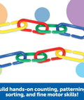 Link N Learn Links Kit For Creative Play And Fine Motor Skills, 500 Colorful Links In 4 Colors With Activity Guide And Storage Bucket, Great For Counting, Patterning, Sorting And DIY Necklaces. Four-color plastic links arranged in two chains for counting and patterning.