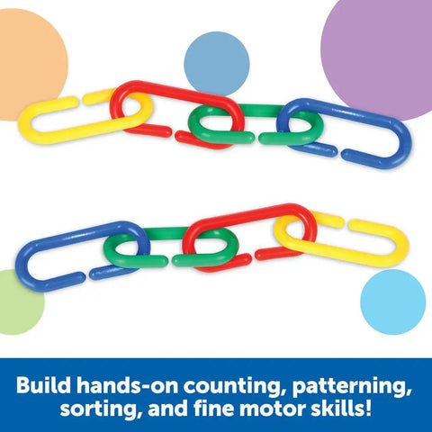 Link N Learn Links Kit For Creative Play And Fine Motor Skills, 500 Colorful Links In 4 Colors With Activity Guide And Storage Bucket, Great For Counting, Patterning, Sorting And DIY Necklaces. Four-color plastic links arranged in two chains for counting and patterning.