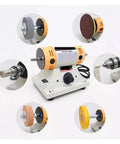 Mini Dual Mode Rotary Engraver And Compact Desktop Polisher Kit For Wet Dry Woodworking Metal Carving Jeweler Crafting visible from multiple angles with attachments.