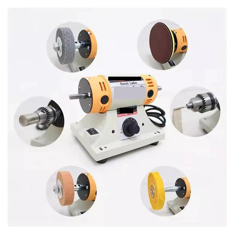 Mini Dual Mode Rotary Engraver And Compact Desktop Polisher Kit For Wet Dry Woodworking Metal Carving Jeweler Crafting visible from multiple angles with attachments.