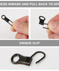 Six Pack Detachable Zipper Pulls Replacement Kit For Jackets Pants Coats Shoes Suitcases And Backpacks Durable Dark Gray Zipper Tabs For Quick Repairs And Easy DIY Fixes close-up of unique clip design