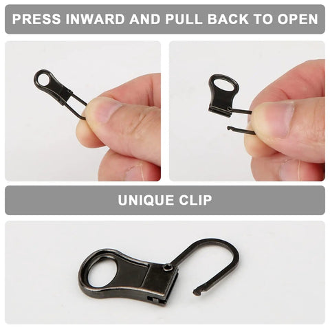 Six Pack Detachable Zipper Pulls Replacement Kit For Jackets Pants Coats Shoes Suitcases And Backpacks Durable Dark Gray Zipper Tabs For Quick Repairs And Easy DIY Fixes close-up of unique clip design