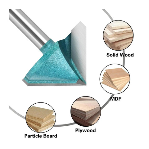 Heavy Duty 6 Mm Shank V Groove Router Bit With Sharp 90 Degree Cutting Angle For Precision Wood Engraving Cuts And 3D Milling Projects That Look Totally Awesome, showing cutting edge on solid wood and plywood.