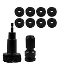 Heavy Duty Car Wheel Hub Cleaning Tool Kit With Eight Impact Resistant Heads And Universal Adapter, includes black abrasive grinding heads.