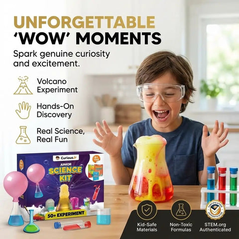 Child excitedly using Color Quest Science Kit For Curious Kids Ages 4 To 14 With 50 Plus STEM Experiments Fizzy Reactions Color Mixing Adventures