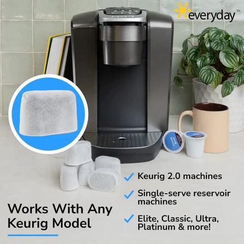 Six Pack Charcoal Water Filters For Keurig Coffee Makers Fits All Keurig Machines White Replacement Filters beside coffee maker