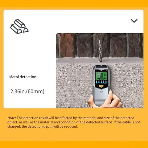 5-in-1 Wall Scanner for stud Finder Deep Scan Metal 5-in-1 Wall detecting metal in wall, showing screen details, handheld device.
