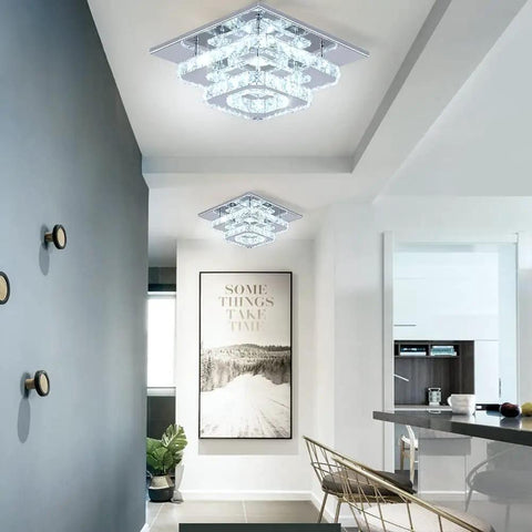 Crystal Square Ceiling Light Chandelier with Modern LED Flush Mount Two Layer Design, polished stainless steel, K9 crystals, cool white