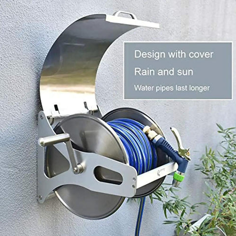 Heavy Duty Stainless Steel Garden Hose Reel With Secure Lid And Smooth Crank Rewind wall mounted with blue hose visible