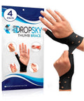 Thumb Brace 4 Pack Waterproof Splints With Gel Pad For Carpal Tunnel Arthritis And Trigger Finger Relief Adjustable Compression Wrist Stabilizer For Left And Right Hands Black, packaging with images of hands wearing brace.