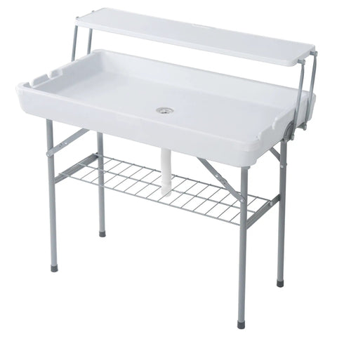 Two Tier Folding Ice Cooler Table With Skirt And Grid Rack Drain Hose Portable Party Table For Patio, Picnic, Camping And Wedding Use Keeps Drinks Cold And Food Fresh White, showing top ice bin and grid rack.