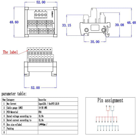 Technical diagram of 2 In 8 Out Terminal Block Module For DIN Rail And Panel Mount Power Distribution Breakout Board 25A Rating