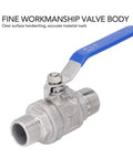 Built Like A Tank 304 Stainless Steel Ball Valve 3/4 Inch Npt Male Thread Featuring Heavy Duty Kickass Seals And A Rock Solid 1000 Wog Rating For Daily Plumbing Jobs showing blue lever and thread details.