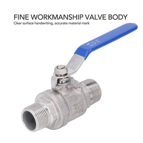 Built Like A Tank 304 Stainless Steel Ball Valve 3/4 Inch Npt Male Thread Featuring Heavy Duty Kickass Seals And A Rock Solid 1000 Wog Rating For Daily Plumbing Jobs showing blue lever and thread details.