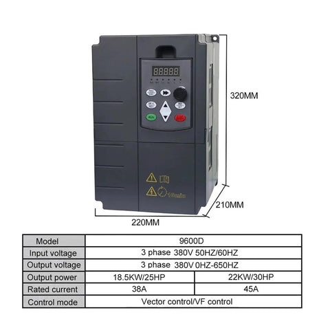 Beefy Frequency Inverter 15KW VFD Speed Control 380V Motor Drive For Lathe 3 Phase Asynchronous Motors Supports 18.5KW 25HP 380V, front view with dimensions
