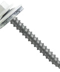 Workhorse Brite White Metal Roofing Screws with Hex Washer Head close-up, 2-inch self-tapping fastener detail.