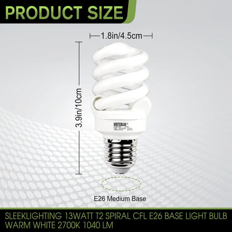 Soft White 2700K E26 Spiral CFL Light Bulbs 13W 60W Equivalent, 1040 Lumens, Non Dimmable, Medium Base, size dimensions
