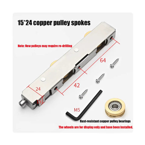 Built Tough Window Pulley Replacement Featuring Super Smooth Nylon Rollers Rust Resistant Rolling For Double Track Sliders showing copper pulleys and hardware.