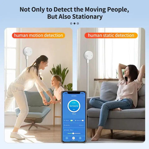 2 Pack Dope Smart Human Presence Motion Sensor With Tuya Smart Life App detecting motion and static presence in a living room.