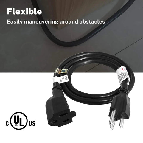 Coiled Heavy Duty Extension Cord 3 Feet 14 AWG 15A 125V Black UL Listed 1875W showing plugs and labels.