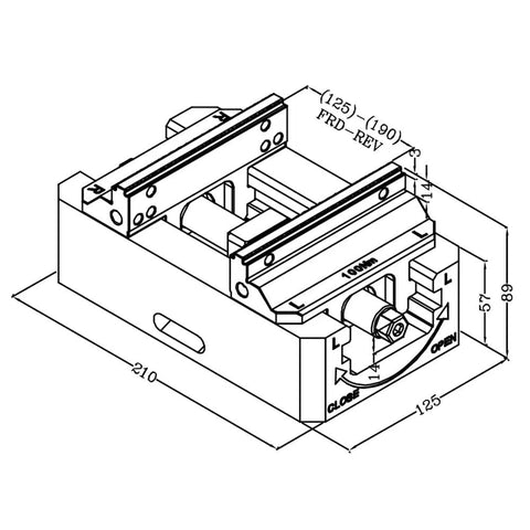 Self Centering Milling Vise for Precision CNC Work, 190mm Opening, detailed dimensions and features in technical drawing.