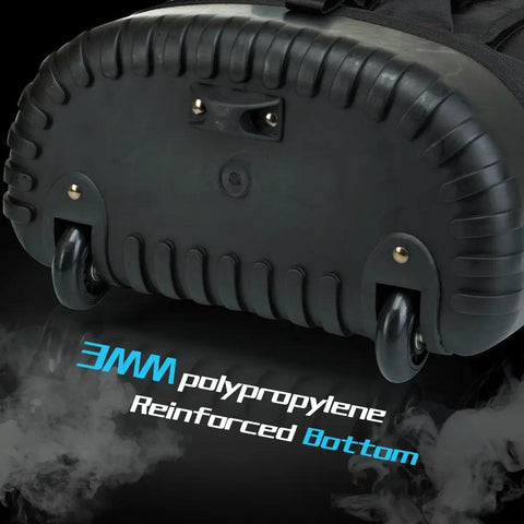 Bottom view of Heavy Duty Wheeled Tool Backpack With Rollable Handle Pro Grade Electrician Organizer, showing wheels and base.
