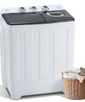 Slick Portable Twin Tub Washing Machine, 28 Pound Capacity Featuring Drain Pump, Semi Automatic Compact Washer And Spinner Combo For Dorms, Apartments, Recreational Vehicles, Straight Up No Hassle Grey Build with laundry basket.