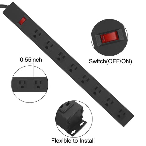Heavy Duty Metal Eight Outlet Power Strip With Wall Mount, Wide Spaced Sockets, On Off Switch, 3 Foot SJT 14AWG Cord