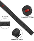 Heavy Duty 8 Outlet Power Strip With 14 AWG 6 Ft Extension Cord Black Wall Mountable Wide Spaced Outlets For Large Plugs Beefed Up For Your Workbench Setup, showing outlets and switch details.