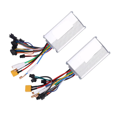 Dual Drive Motor Controller For Electric Bikes And Scooters, 48V 25A 1200W Power Management, Aluminum Alloy Housing, cables visible