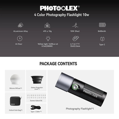 RGB Photography Light On The Go 10W Portable Fill Light With 8400mAh Battery and accessories, including silicone diffuser.