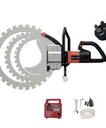Heavy Hitter Handheld Ring Saw For Concrete And Drywall Installations Brushless Motor With Integrated Wet Cooling Blows Through Granite Tile And Wood With Zero Effort Precision showing the saw with two circular diamond blades.
