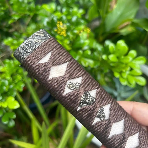 Close-up of Sword Handle Tsuka with Real Samegawa Stingray Skin and Alloy Copper Iron Fittings Dope Grip for Authentic Samurai Look