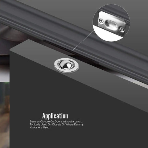 Four Pack Concealed Ball Catch With Matching Strike Plate For Closet Doors Satin Nickel Die Cast close-up on door catch application