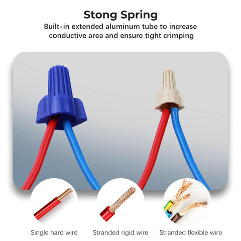 Blue and tan wire connectors with wires, highlighting spring grip in Tan Winged Wire Connectors 550 Pcs Pack For 22 8 AWG.