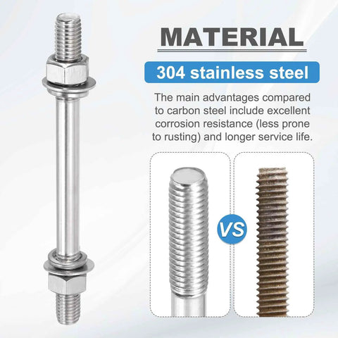 Six Piece M8x65mm Double Ended Stud Screws Set in 304 Stainless Steel with Nuts and Washers for Home Repair Structural Anchoring