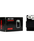 Six Pin AC CDI Box for ATVs and Dirt Bikes with ABS resin shell and brass pins, shown with packaging and connectors visible