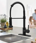 Matte Black Kitchen Faucet With Three Function Sprayer Head, High Arc Spout, 360 Degree Swivel, Single Handle, Brass Construction
