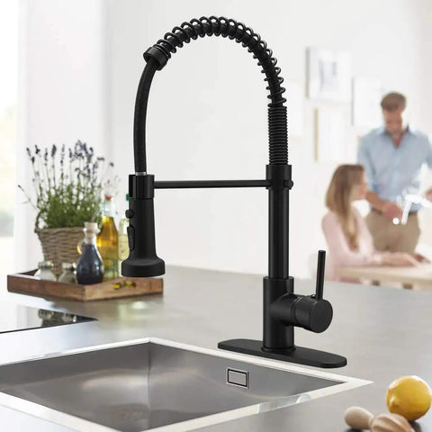 Matte Black Kitchen Faucet With Three Function Sprayer Head, High Arc Spout, 360 Degree Swivel, Single Handle, Brass Construction