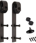 DIY Knotty Pine Wood Double Sliding Barn Door With Hardware Kit components for 60 X 84 Inch Opening, including rollers and screws.