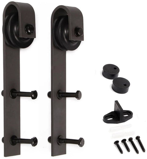 DIY Knotty Pine Wood Double Sliding Barn Door With Hardware Kit components for 60 X 84 Inch Opening, including rollers and screws.