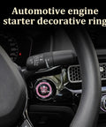 Close-up of automotive engine starter decorative ring inside a vehicle interior with steering wheel and dashboard visible.