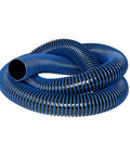 Hardcore 4 Inch Antistatic Dust Collection Hose With A Flexible Helix Ten Foot Layout, blue and black, coiled for easy use.