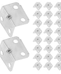 Image of 100 Piece Heavy Duty L Shaped Right Angle Brackets made of cold rolled steel for furniture reinforcement, shown in multiple angles.