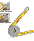 Job Site Ready Miter Saw Protractor And Angle Finder Ruler featuring 360 degree gauge scale with dual bubble level for precise angle measurement.