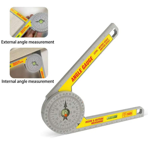 Job Site Ready Miter Saw Protractor And Angle Finder Ruler featuring 360 degree gauge scale with dual bubble level for precise angle measurement.