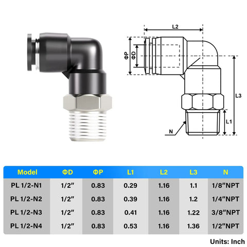 Pneumatic Male Elbow Push To Connect Fittings Half Inch Tube Outer Diameter To Half Inch NPT Thread 90 Degree Copper And Plastic Body